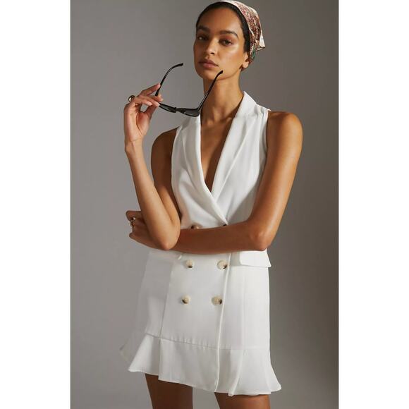 ANTHROPOLOGIE Maeve White Double Breasted Sleeveless Vest Mini Dress Large - Picture 1 of 10